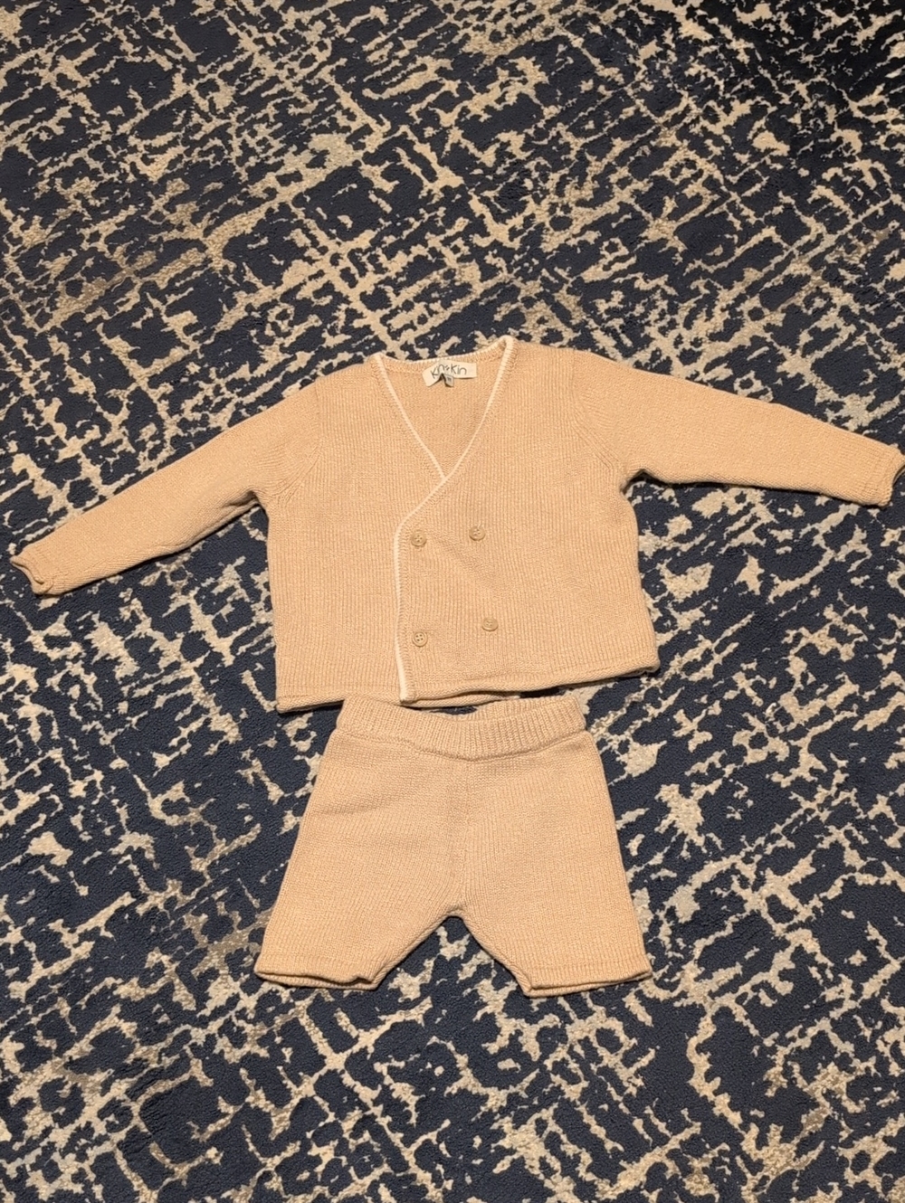 Beige Knit Baby Boy Cardigan & Shorts Set